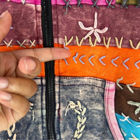 MPC Colorful Patchwork Embroidered Stitching Sip Front Hooded Jacket Artsy - Picture 8 of 17